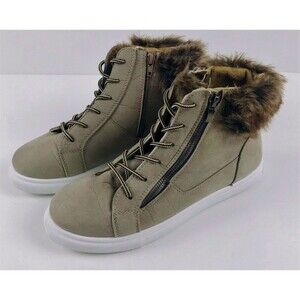 Women’s Hiking Ankle Boots Fur TrimTan Faux Suede Lace up Comfort SZ 8.5 NEW